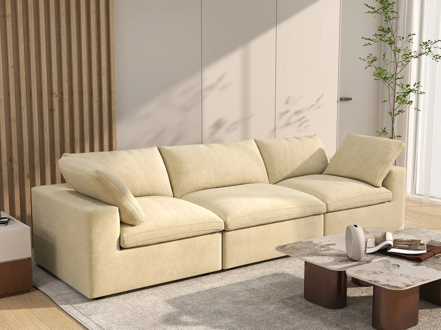 Deluxe Cloud 3-Seater Beige Couch Sectional | 3-Piece, Velvet Fabric, Living Room Seating, Washable Cushion Covers