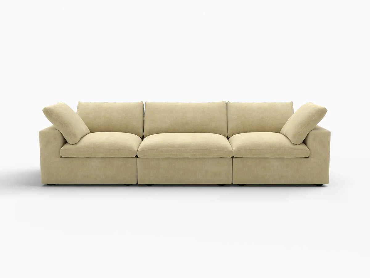 Deluxe Cloud 3-Seater Beige Couch Sectional | 3-Piece, Velvet Fabric, Living Room Seating, Washable Cushion Covers