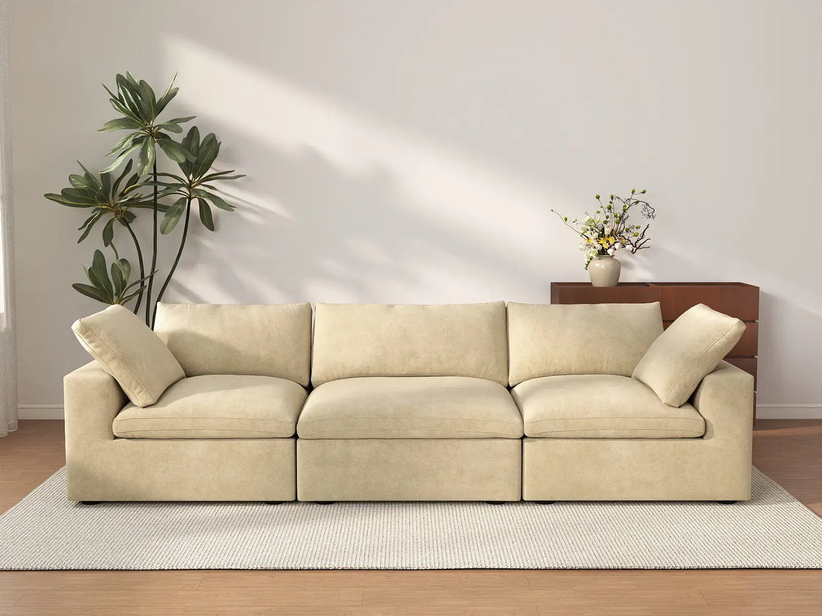 Deluxe Cloud 3-Seater Beige Couch Sectional | 3-Piece, Velvet Fabric, Living Room Seating, Washable Cushion Covers