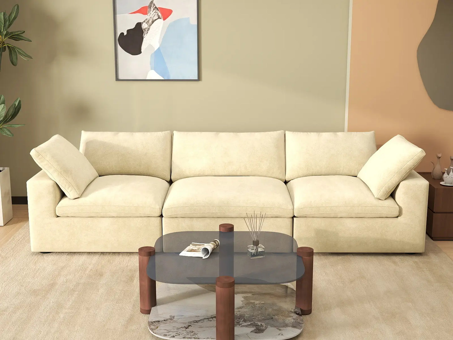 Deluxe Cloud 3-Seater Beige Couch Sectional | 3-Piece, Velvet Fabric, Living Room Seating, Washable Cushion Covers