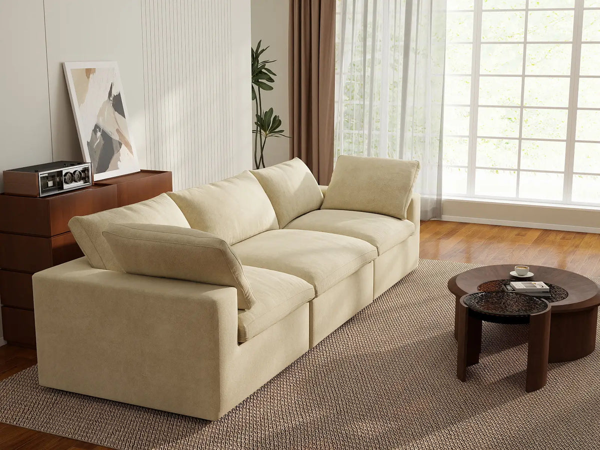 Deluxe Cloud 3-Seater Beige Couch Sectional | 3-Piece, Velvet Fabric, Living Room Seating, Washable Cushion Covers