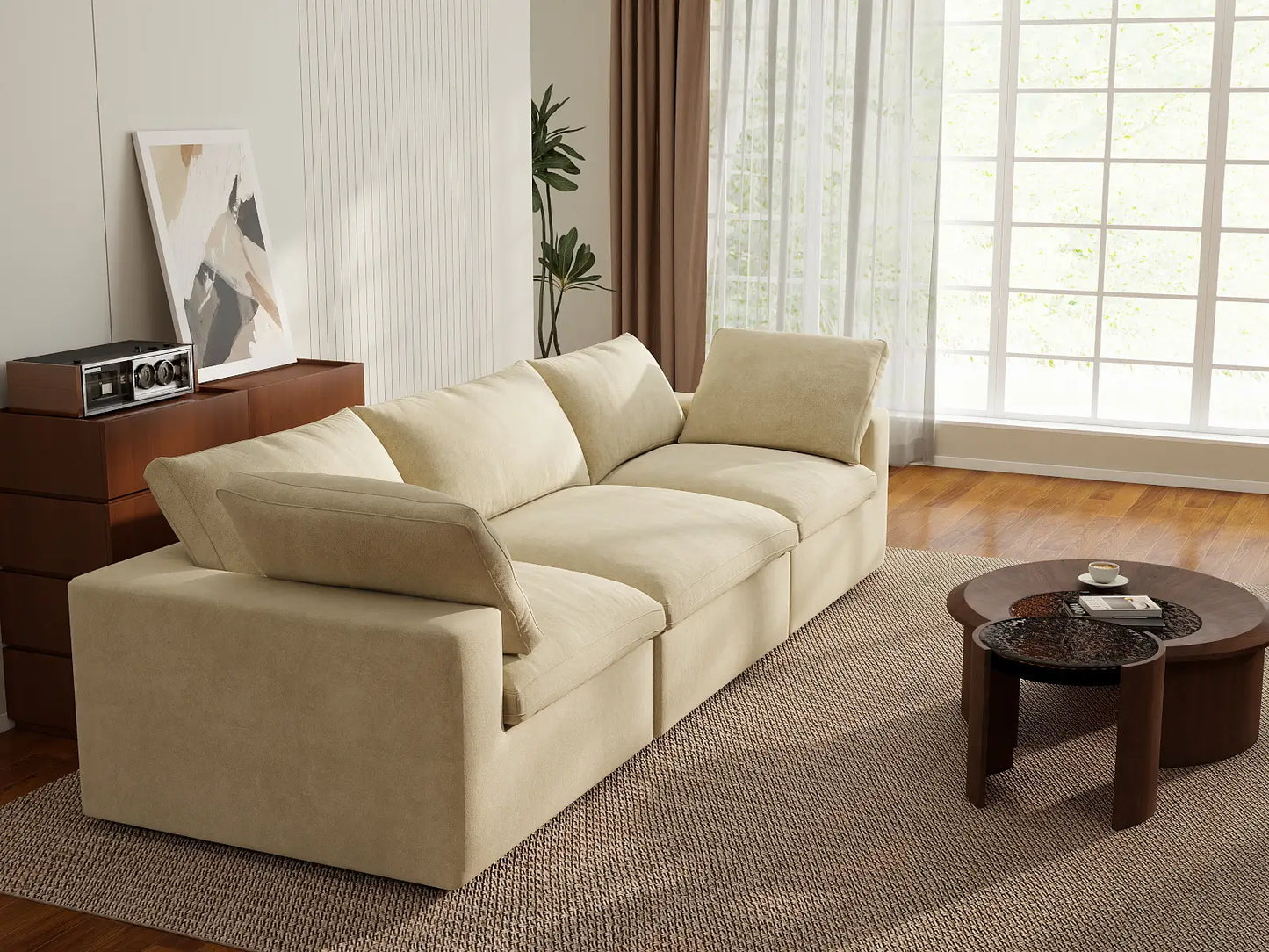 Deluxe Cloud 3-Seater Beige Couch Sectional | 3-Piece, Velvet Fabric, Living Room Seating, Washable Cushion Covers