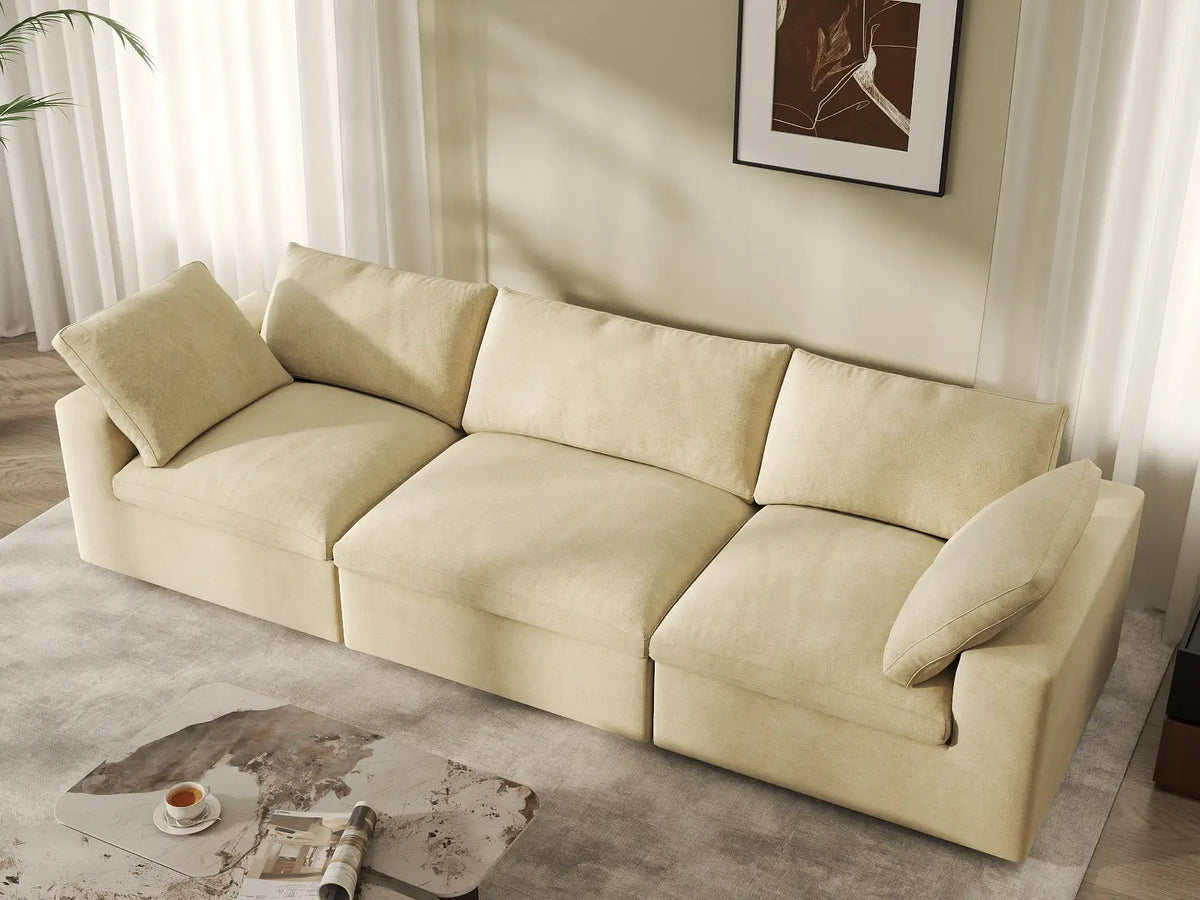 Deluxe Cloud 3-Seater Beige Couch Sectional | 3-Piece, Velvet Fabric, Living Room Seating, Washable Cushion Covers