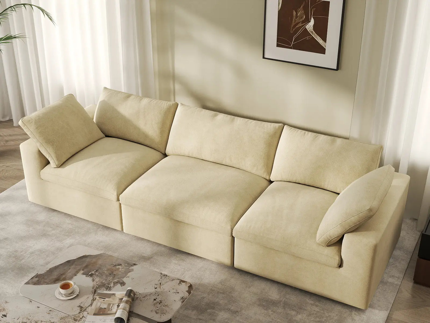Deluxe Cloud 3-Seater Beige Couch Sectional | 3-Piece, Velvet Fabric, Living Room Seating, Washable Cushion Covers
