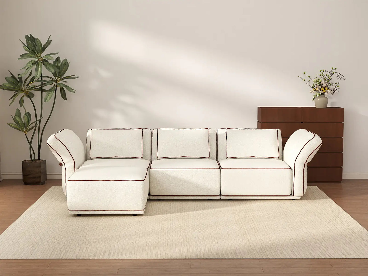 Deluxe Cloud 3-Seater Beige Large Space L-Shaped Sectional | 4-Piece (Includes 1 Ottoman), Bouclé Sherpa-Like Fabric, Easy To Clean