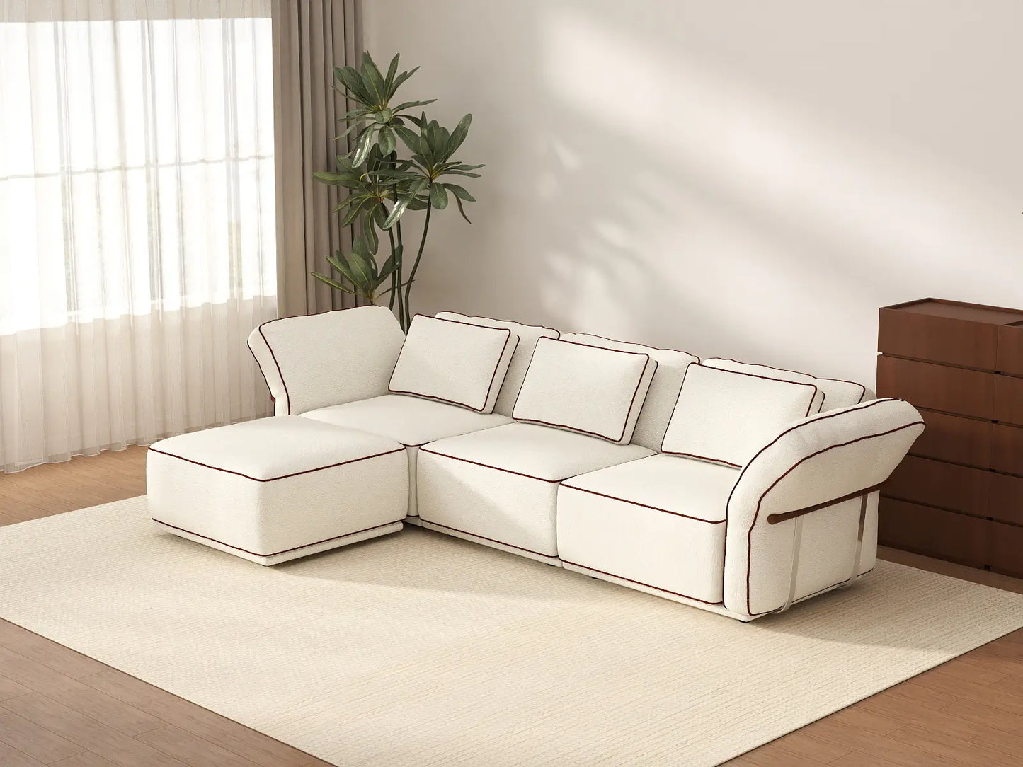 Deluxe Cloud 3-Seater Beige Large Space L-Shaped Sectional | 4-Piece (Includes 1 Ottoman), Bouclé Sherpa-Like Fabric, Easy To Clean