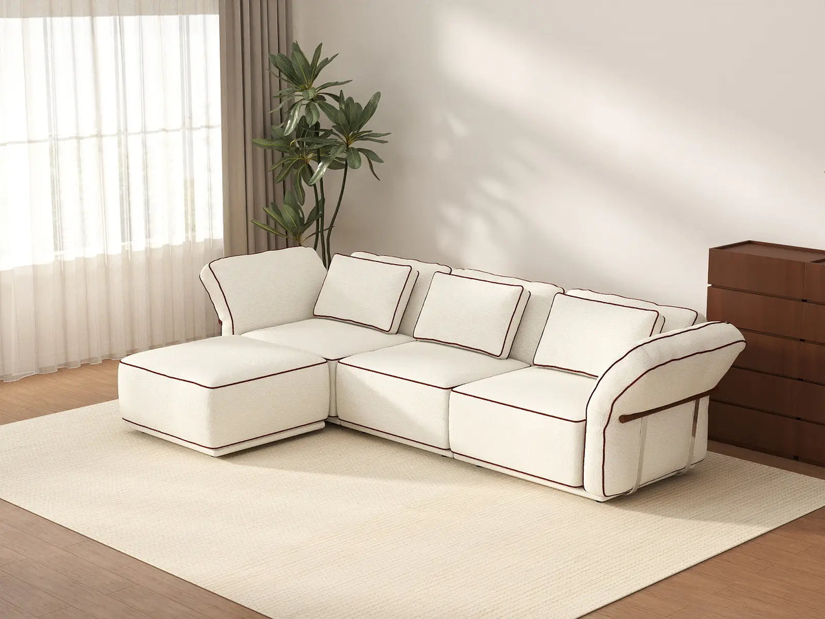 Deluxe Cloud 3-Seater Beige Large Space L-Shaped Sectional | 4-Piece (Includes 1 Ottoman), Bouclé Sherpa-Like Fabric, Easy To Clean