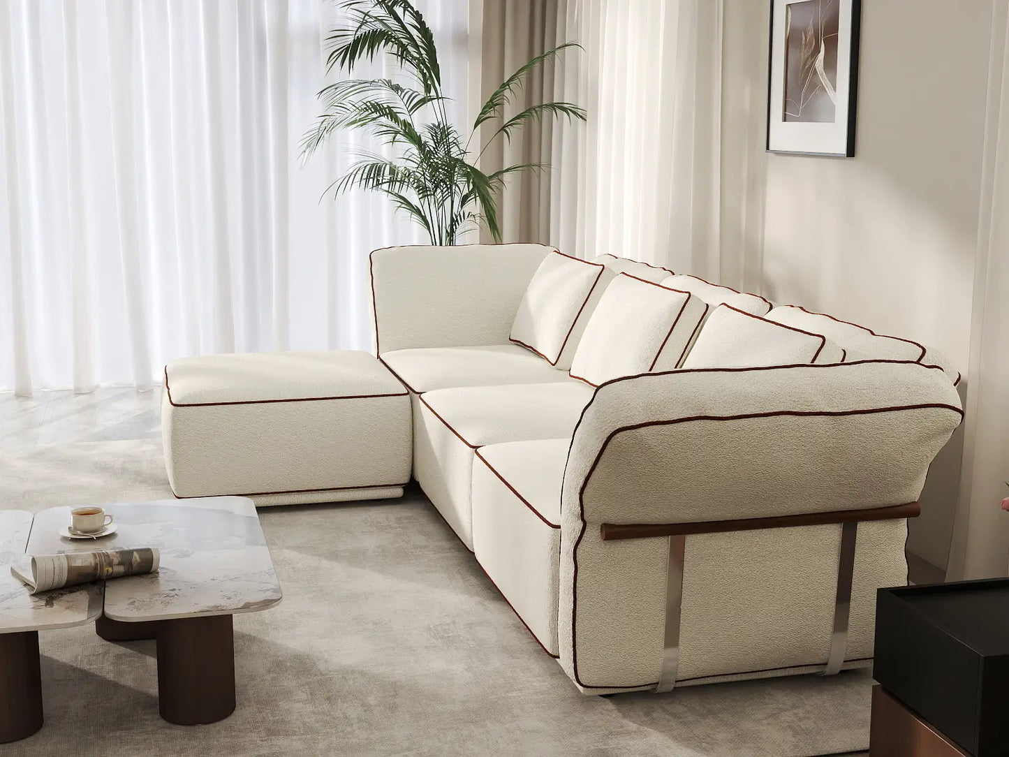 Deluxe Cloud 3-Seater Beige Large Space L-Shaped Sectional | 4-Piece (Includes 1 Ottoman), Bouclé Sherpa-Like Fabric, Easy To Clean