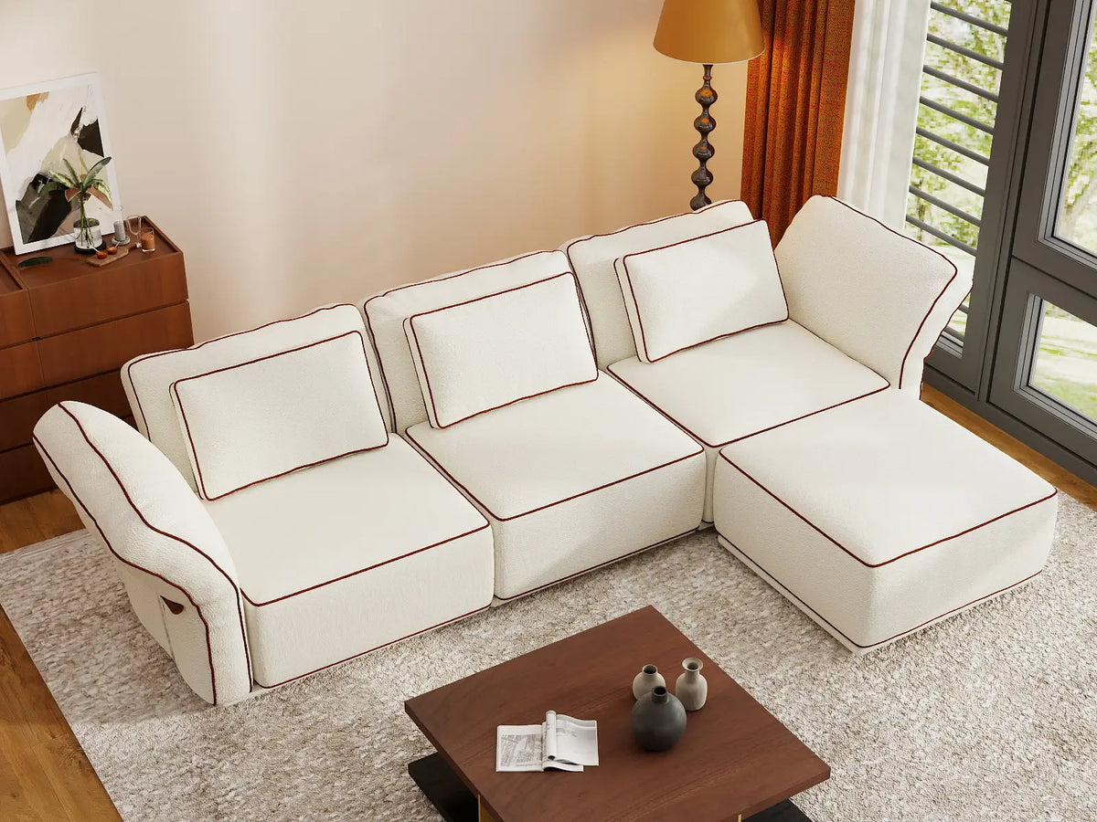 Deluxe Cloud 3-Seater Beige Large Space L-Shaped Sectional | 4-Piece (Includes 1 Ottoman), Bouclé Sherpa-Like Fabric, Easy To Clean