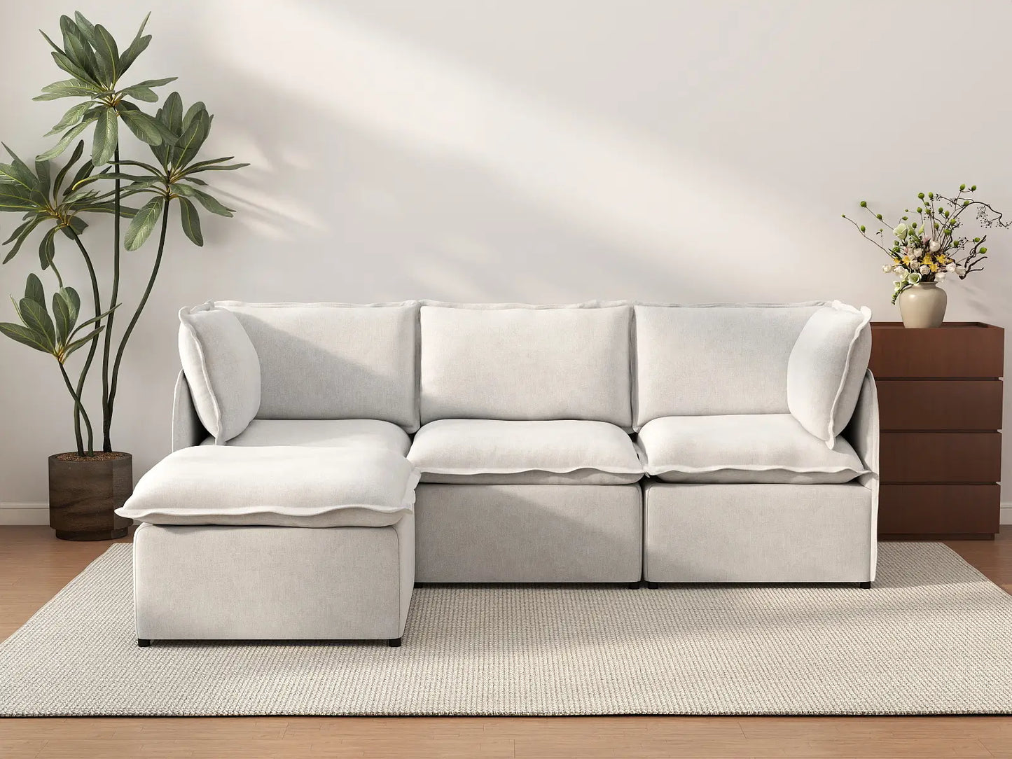 Deluxe Cloud 3-Seater Beige Large Space L-Shaped Sectional | 4-Piece (Includes 1 Ottoman), Linen Look Poly Fabric, Easy To Clean