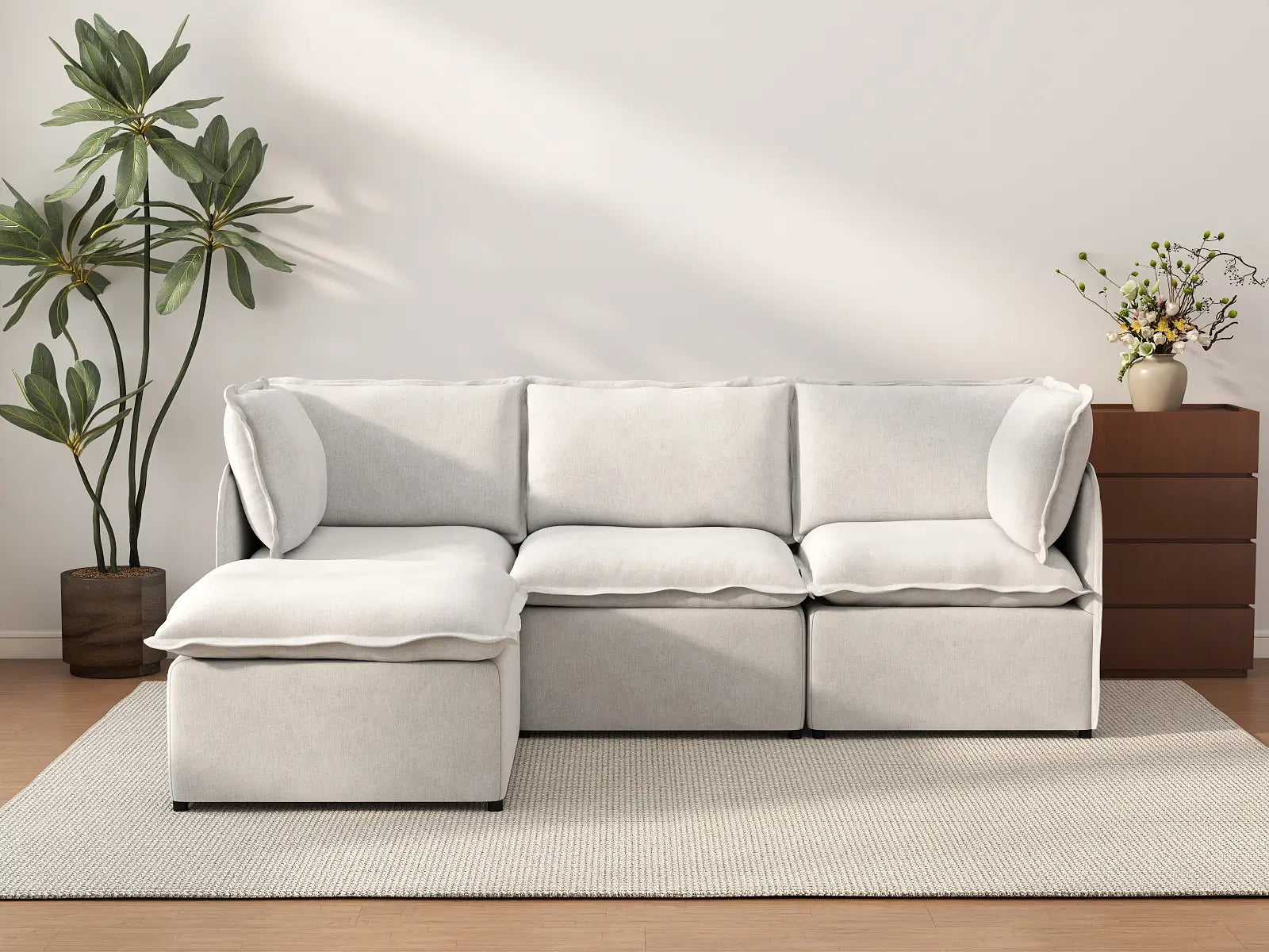 Deluxe Cloud 3-Seater Beige Large Space L-Shaped Sectional | 4-Piece (Includes 1 Ottoman), Linen Look Poly Fabric, Easy To Clean