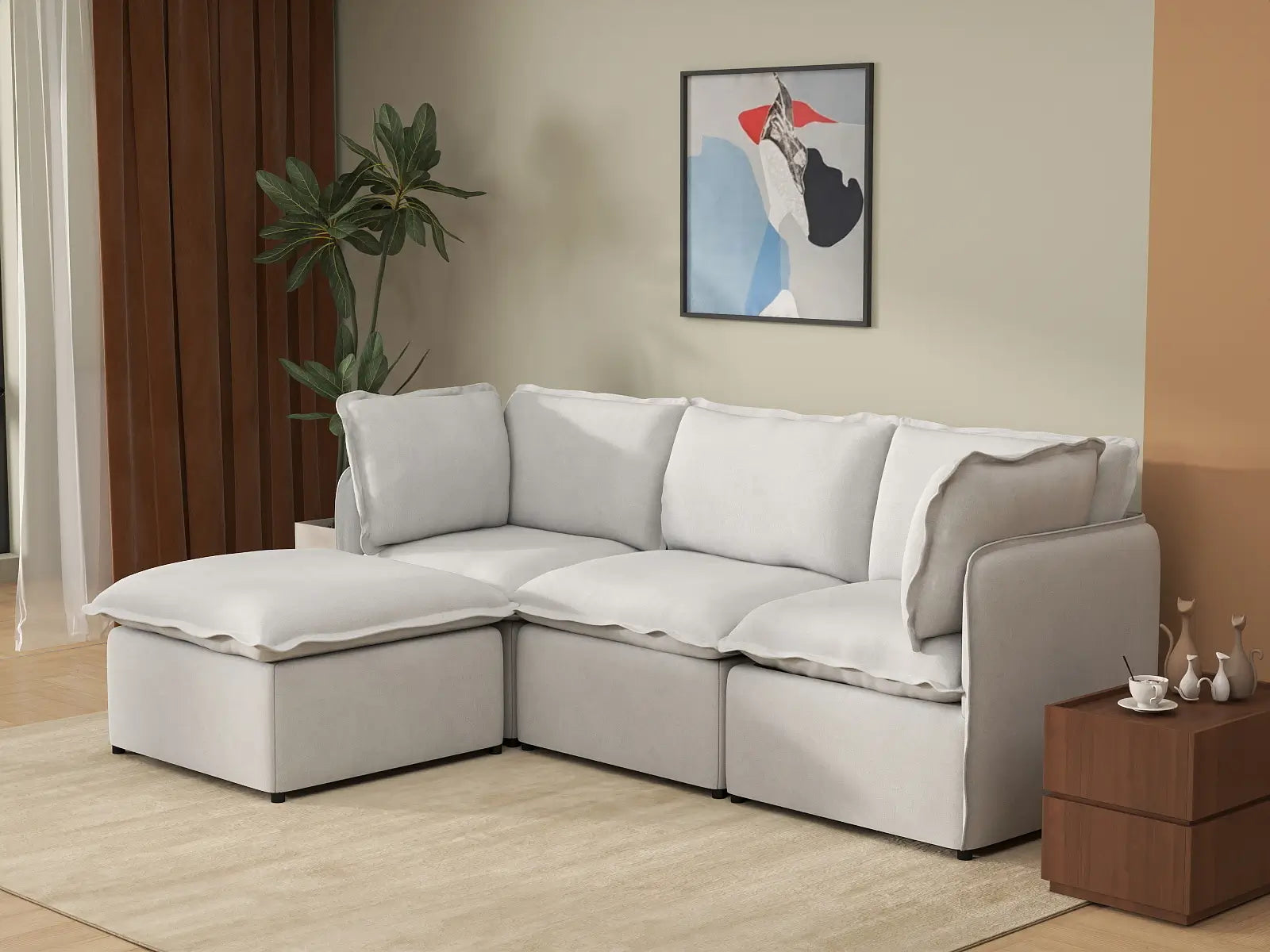 Deluxe Cloud 3-Seater Beige Large Space L-Shaped Sectional | 4-Piece (Includes 1 Ottoman), Linen Look Poly Fabric, Easy To Clean
