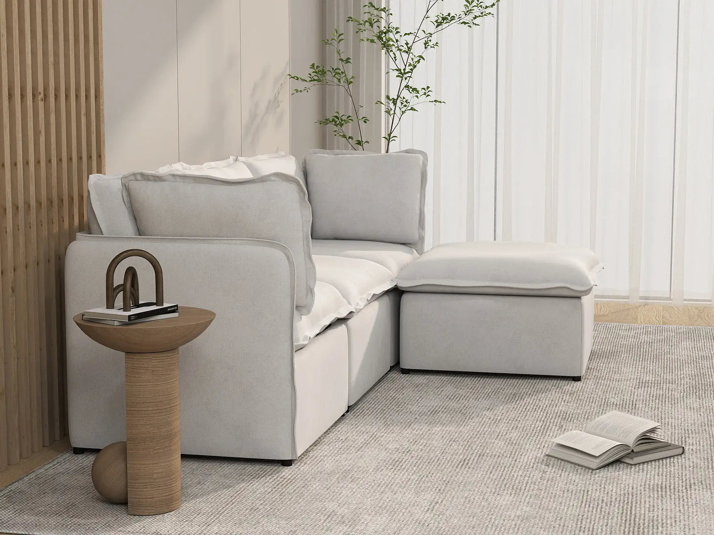 Deluxe Cloud 3-Seater Beige Large Space L-Shaped Sectional | 4-Piece (Includes 1 Ottoman), Linen Look Poly Fabric, Easy To Clean