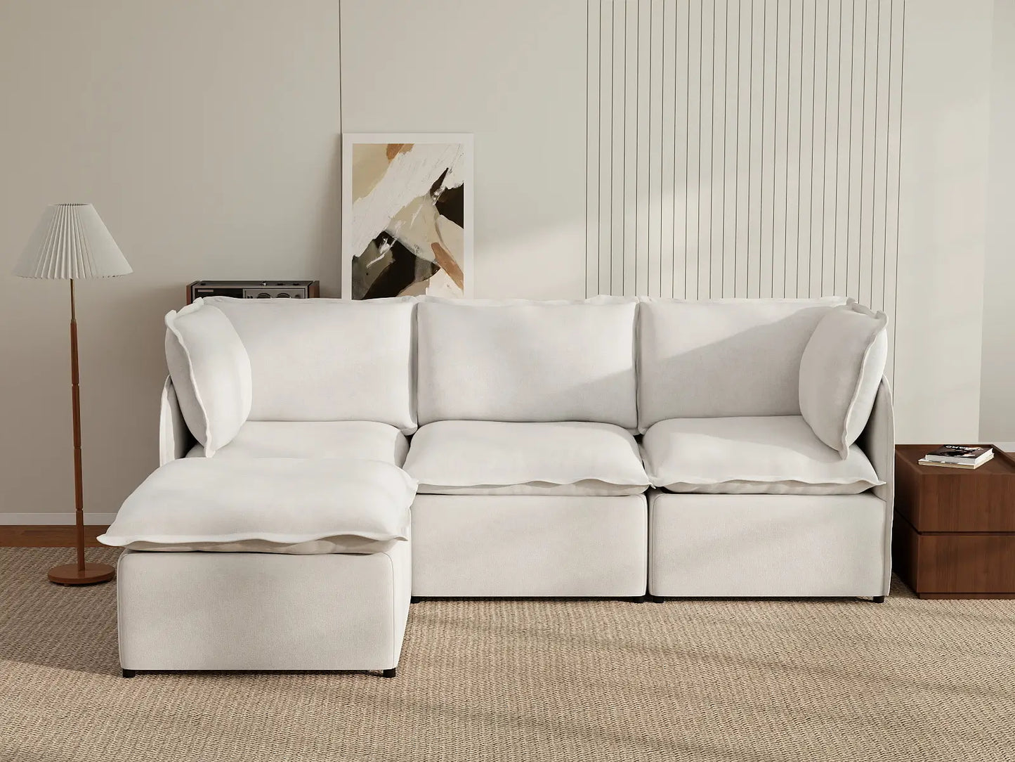 Deluxe Cloud 3-Seater Beige Large Space L-Shaped Sectional | 4-Piece (Includes 1 Ottoman), Linen Look Poly Fabric, Easy To Clean
