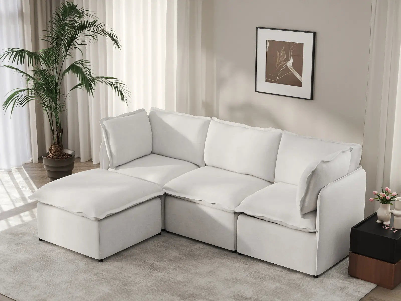 Deluxe Cloud 3-Seater Beige Large Space L-Shaped Sectional | 4-Piece (Includes 1 Ottoman), Linen Look Poly Fabric, Easy To Clean