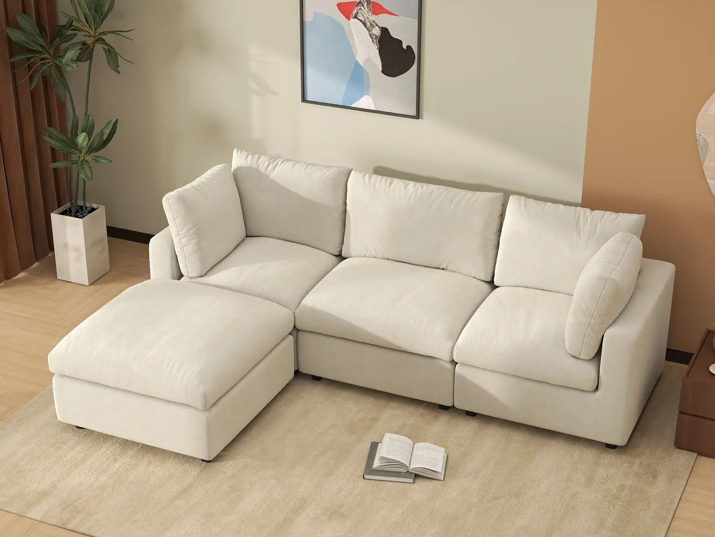 Sofá modular en forma de L Deluxe Cloud de 3 plazas, beige, grande | 4 piezas (incluye 1 otomana), tela de chenilla de mezcla de lino, fácil de limpiar
