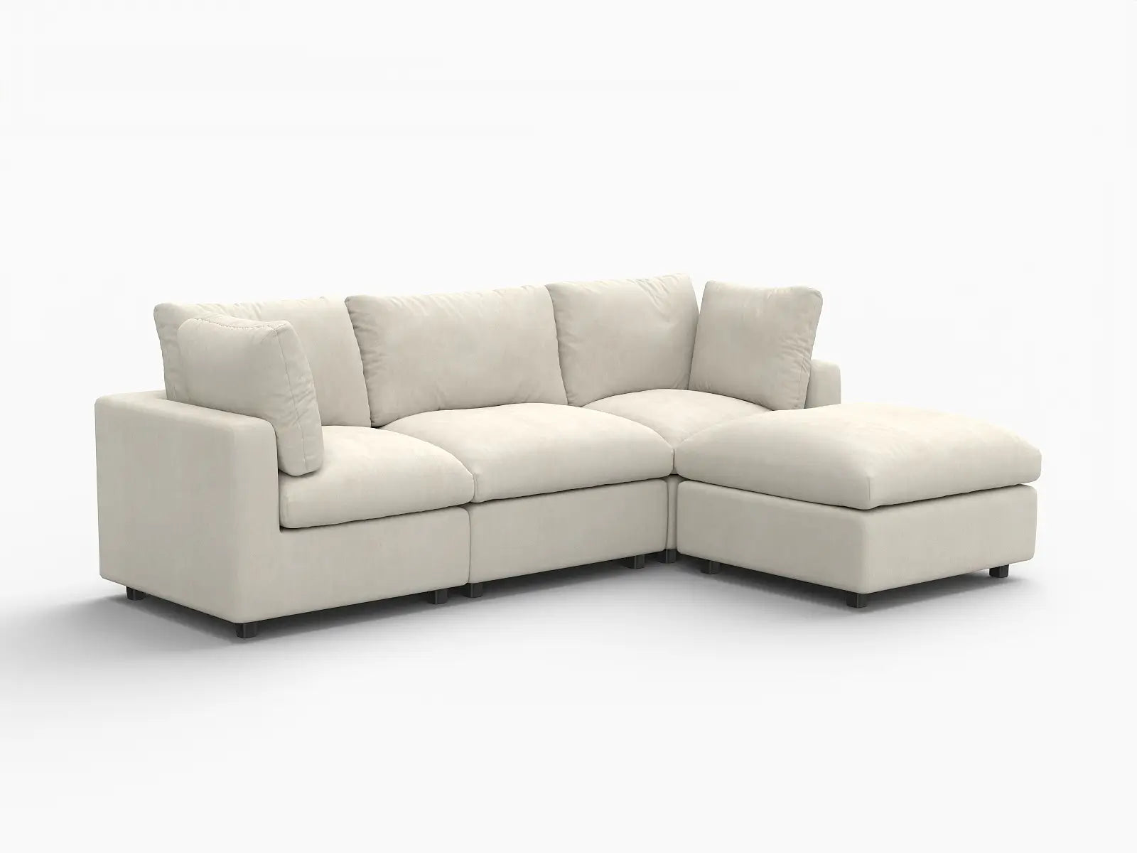 Sofá modular en forma de L Deluxe Cloud de 3 plazas, beige, grande | 4 piezas (incluye 1 otomana), tela de chenilla de mezcla de lino, fácil de limpiar