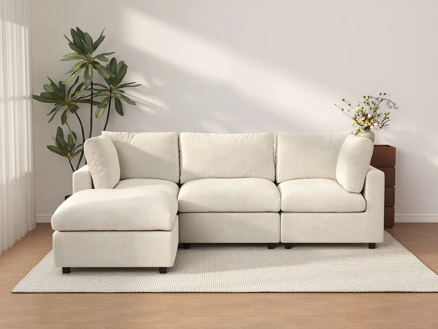 Sofá modular en forma de L Deluxe Cloud de 3 plazas, beige, grande | 4 piezas (incluye 1 otomana), tela de chenilla de mezcla de lino, fácil de limpiar