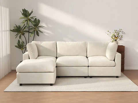 Deluxe Cloud 3-Seater Beige Large Space L-Shaped Sectional | 4-Piece (Includes 1 Ottoman), Linen-Blend Chenille Fabric, Easy To Clean