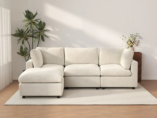 Sofá modular en forma de L Deluxe Cloud de 3 plazas, beige, grande | 4 piezas (incluye 1 otomana), tela de chenilla de mezcla de lino, fácil de limpiar