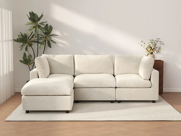 Sofá modular en forma de L Deluxe Cloud de 3 plazas, beige, grande | 4 piezas (incluye 1 otomana), tela de chenilla de mezcla de lino, fácil de limpiar
