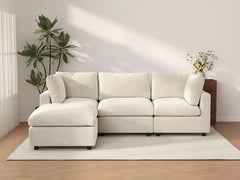 Sofá modular en forma de L Deluxe Cloud de 3 plazas, beige, grande | 4 piezas (incluye 1 otomana), tela de chenilla de mezcla de lino, fácil de limpiar