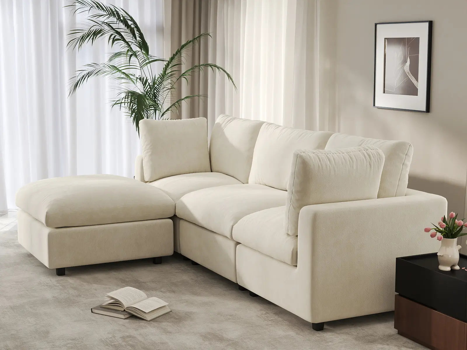 Sofá modular en forma de L Deluxe Cloud de 3 plazas, beige, grande | 4 piezas (incluye 1 otomana), tela de chenilla de mezcla de lino, fácil de limpiar