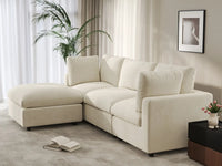 Sofá modular en forma de L Deluxe Cloud de 3 plazas, beige, grande | 4 piezas (incluye 1 otomana), tela de chenilla de mezcla de lino, fácil de limpiar