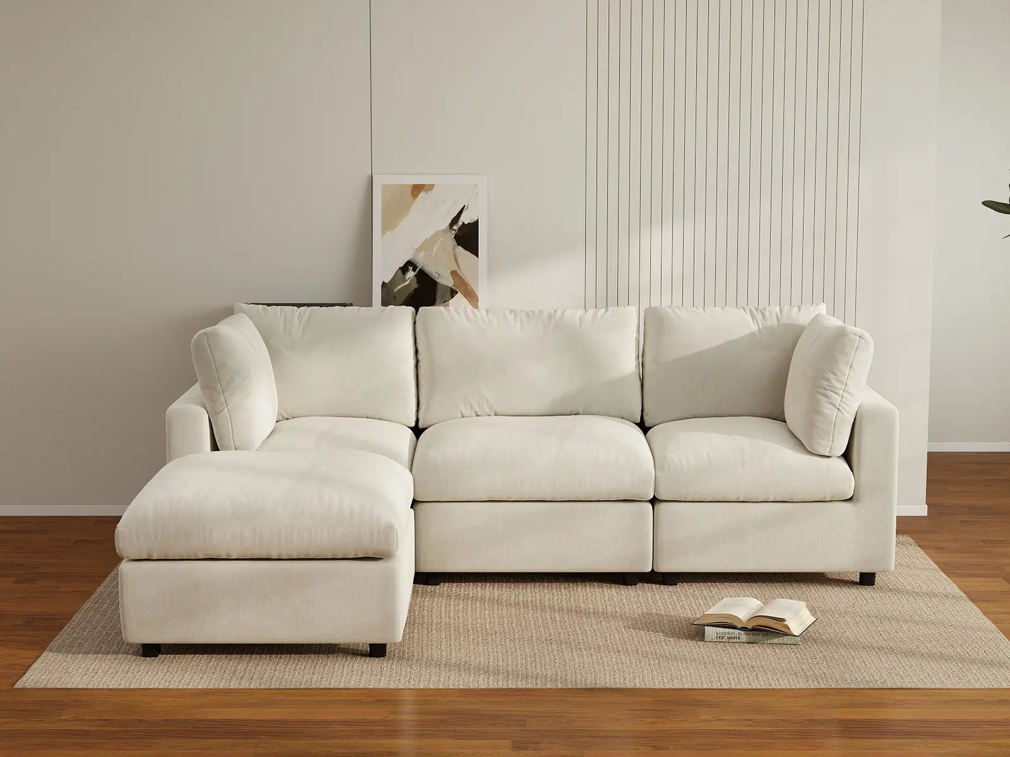 Sofá modular en forma de L Deluxe Cloud de 3 plazas, beige, grande | 4 piezas (incluye 1 otomana), tela de chenilla de mezcla de lino, fácil de limpiar