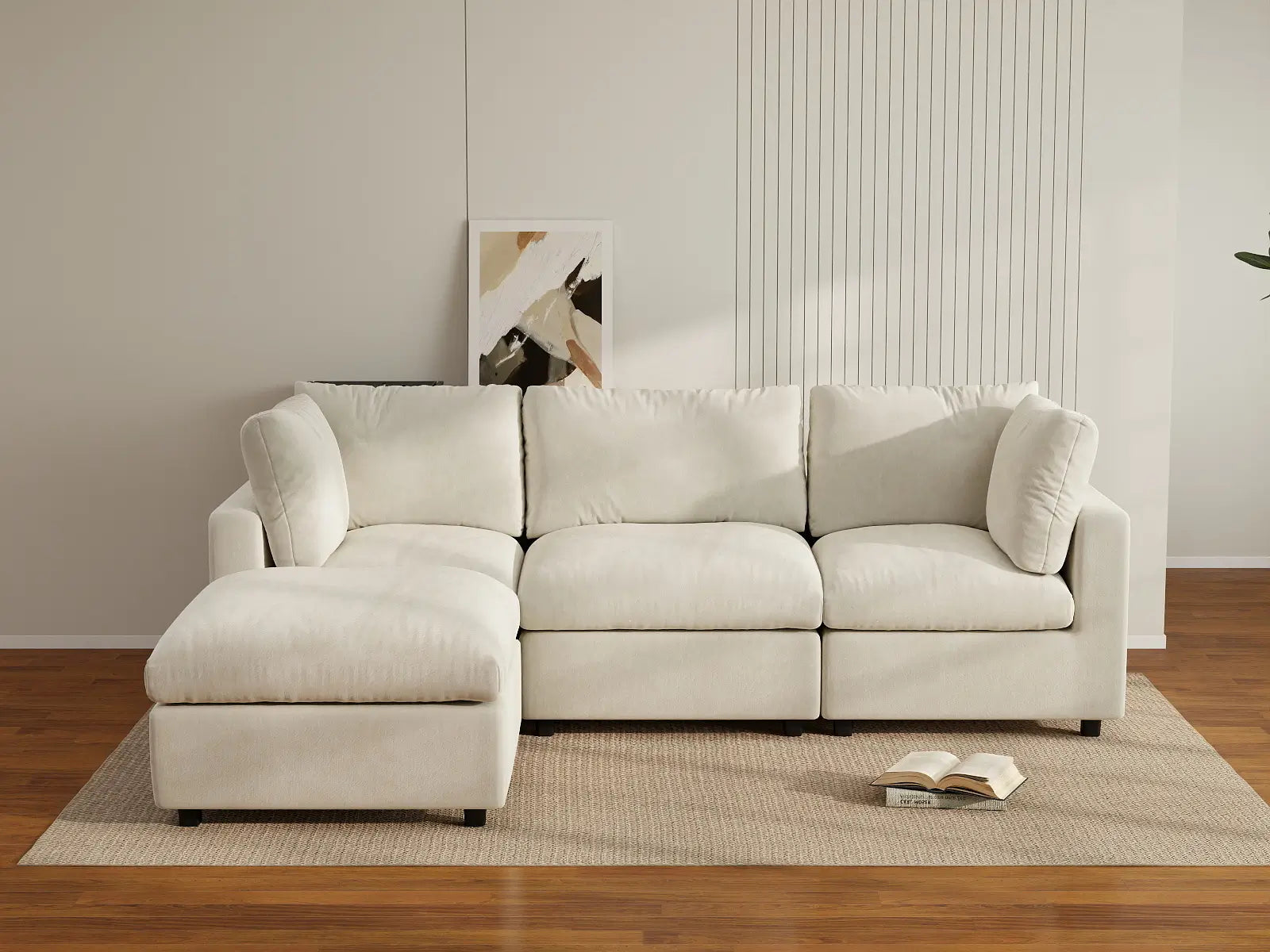 Sofá modular en forma de L Deluxe Cloud de 3 plazas, beige, grande | 4 piezas (incluye 1 otomana), tela de chenilla de mezcla de lino, fácil de limpiar