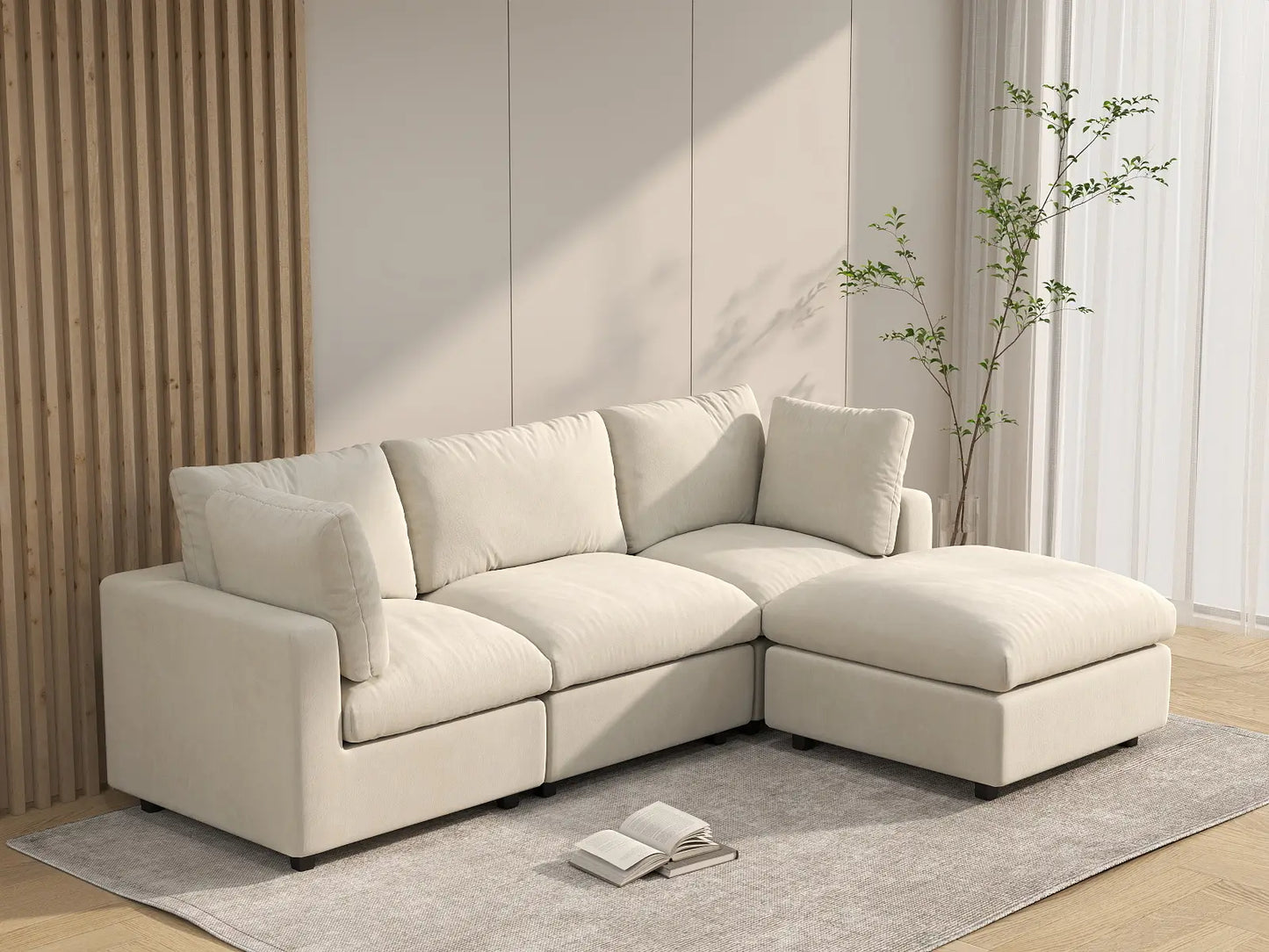 Sofá modular en forma de L Deluxe Cloud de 3 plazas, beige, grande | 4 piezas (incluye 1 otomana), tela de chenilla de mezcla de lino, fácil de limpiar