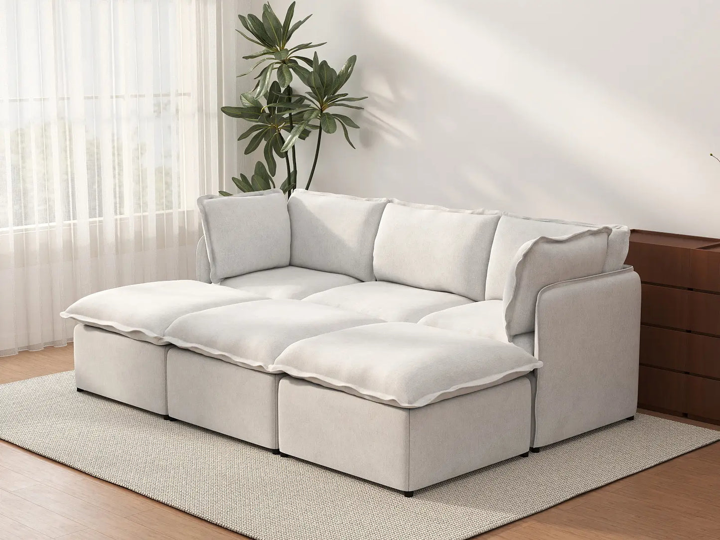 Deluxe Cloud 3-Seater Beige Large Space Pit Sectional | 6-Piece (Includes 3 Ottomans), Linen Look Poly Fabric, Easy To Clean