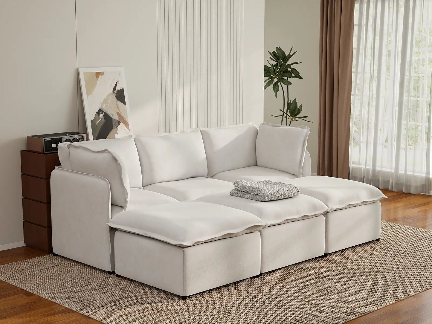 Deluxe Cloud 3-Seater Beige Large Space Pit Sectional | 6-Piece (Includes 3 Ottomans), Linen Look Poly Fabric, Easy To Clean
