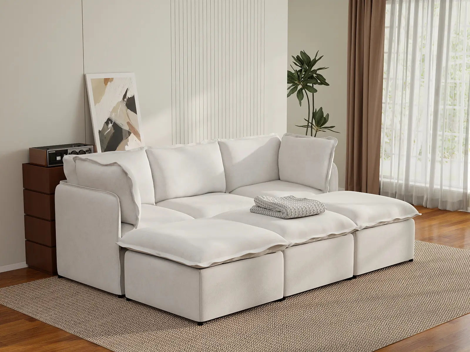 Deluxe Cloud 3-Seater Beige Large Space Pit Sectional | 6-Piece (Includes 3 Ottomans), Linen Look Poly Fabric, Easy To Clean