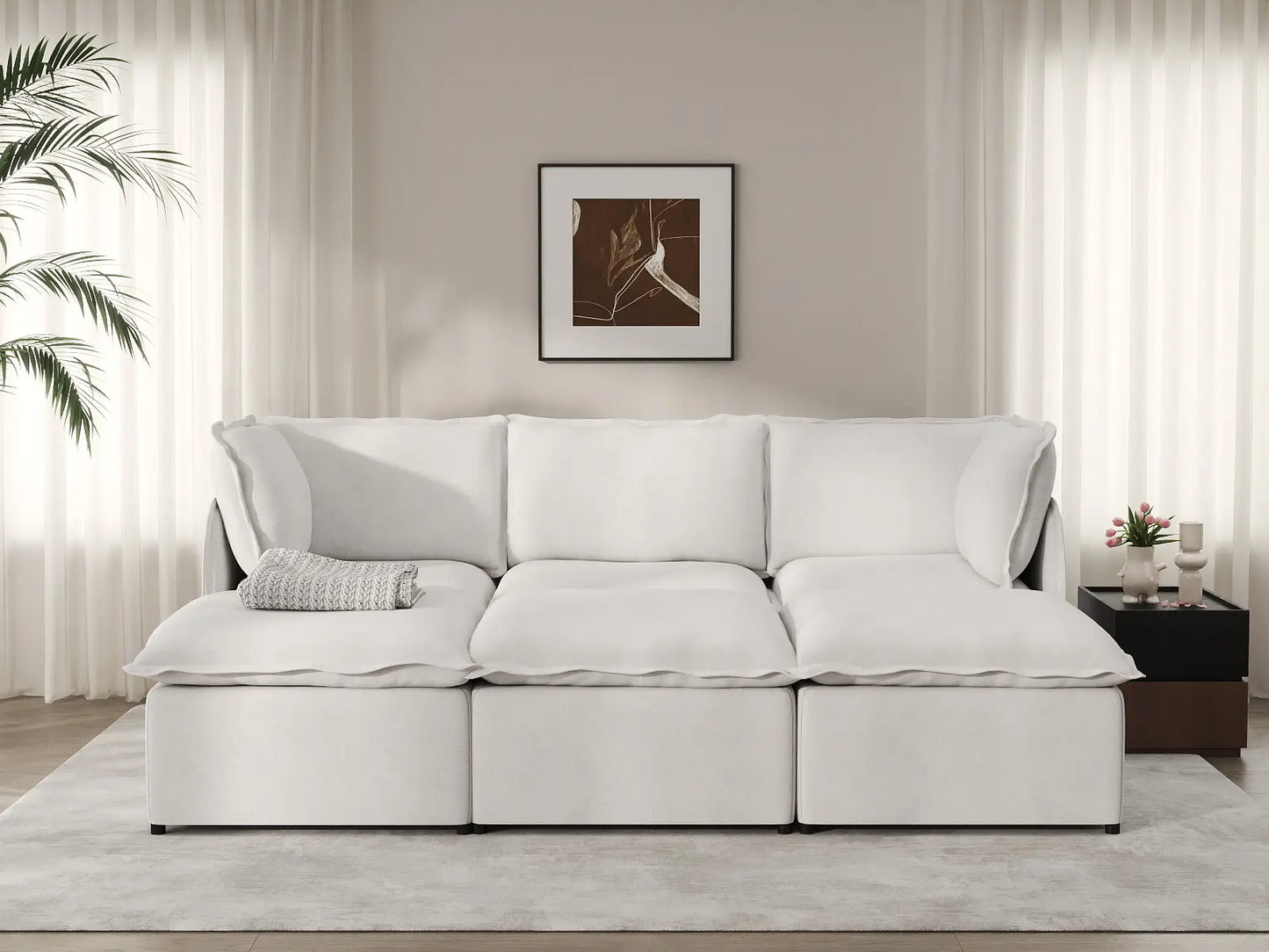 Deluxe Cloud 3-Seater Beige Large Space Pit Sectional | 6-Piece (Includes 3 Ottomans), Linen Look Poly Fabric, Easy To Clean