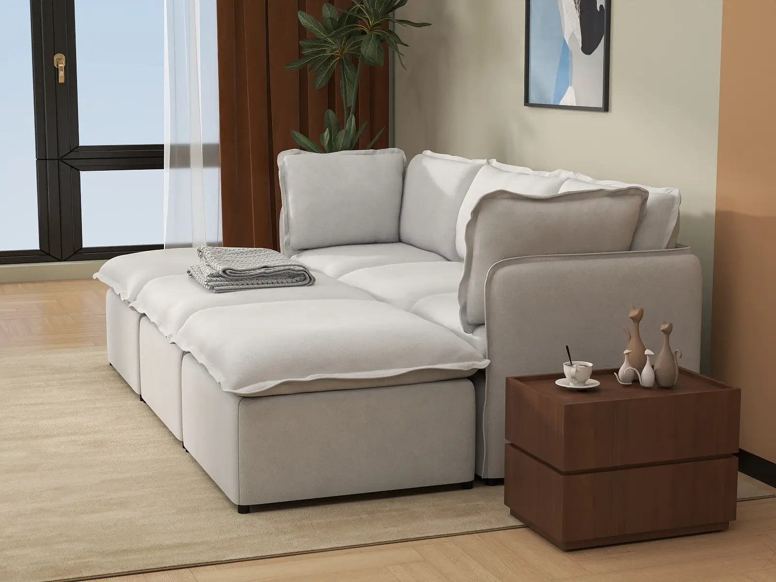 Deluxe Cloud 3-Seater Beige Large Space Pit Sectional | 6-Piece (Includes 3 Ottomans), Linen Look Poly Fabric, Easy To Clean