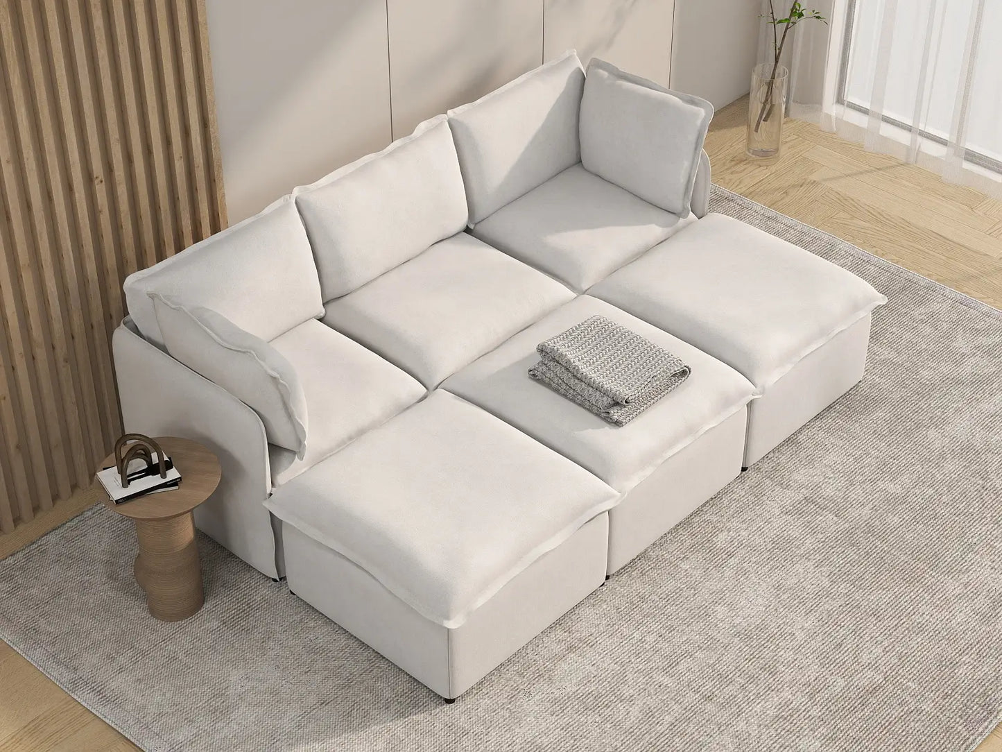 Deluxe Cloud 3-Seater Beige Large Space Pit Sectional | 6-Piece (Includes 3 Ottomans), Linen Look Poly Fabric, Easy To Clean