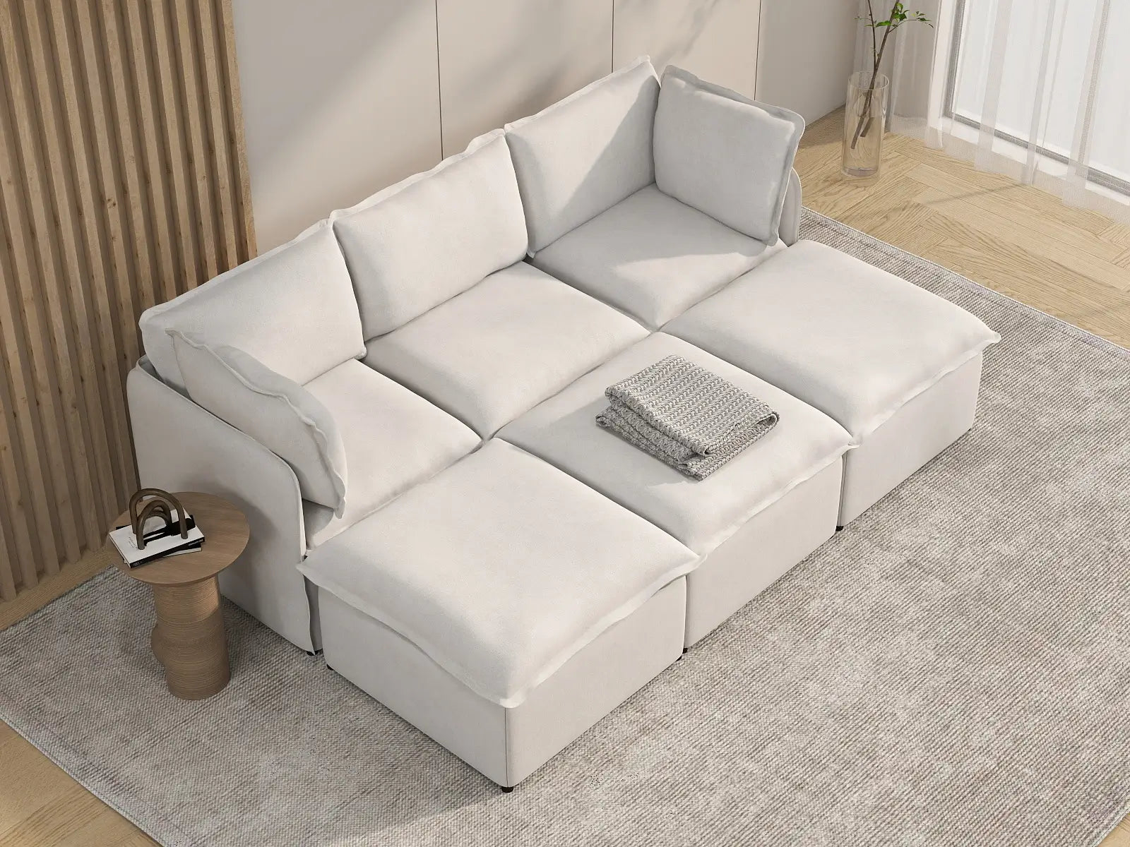 Deluxe Cloud 3-Seater Beige Large Space Pit Sectional | 6-Piece (Includes 3 Ottomans), Linen Look Poly Fabric, Easy To Clean