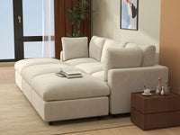 Seccional en L para espacio grande Deluxe Cloud de 3 plazas, beige | 6 piezas (incluye 3 pufs), tela de chenilla mezcla de lino, fácil de limpiar