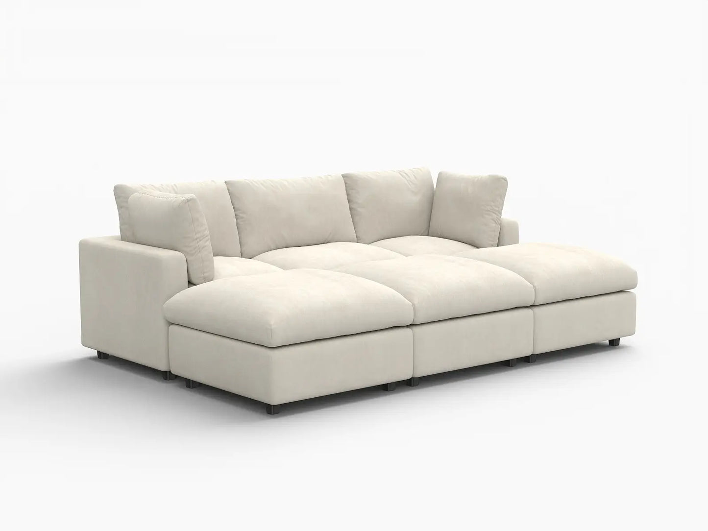 Seccional en L para espacio grande Deluxe Cloud de 3 plazas, beige | 6 piezas (incluye 3 pufs), tela de chenilla mezcla de lino, fácil de limpiar