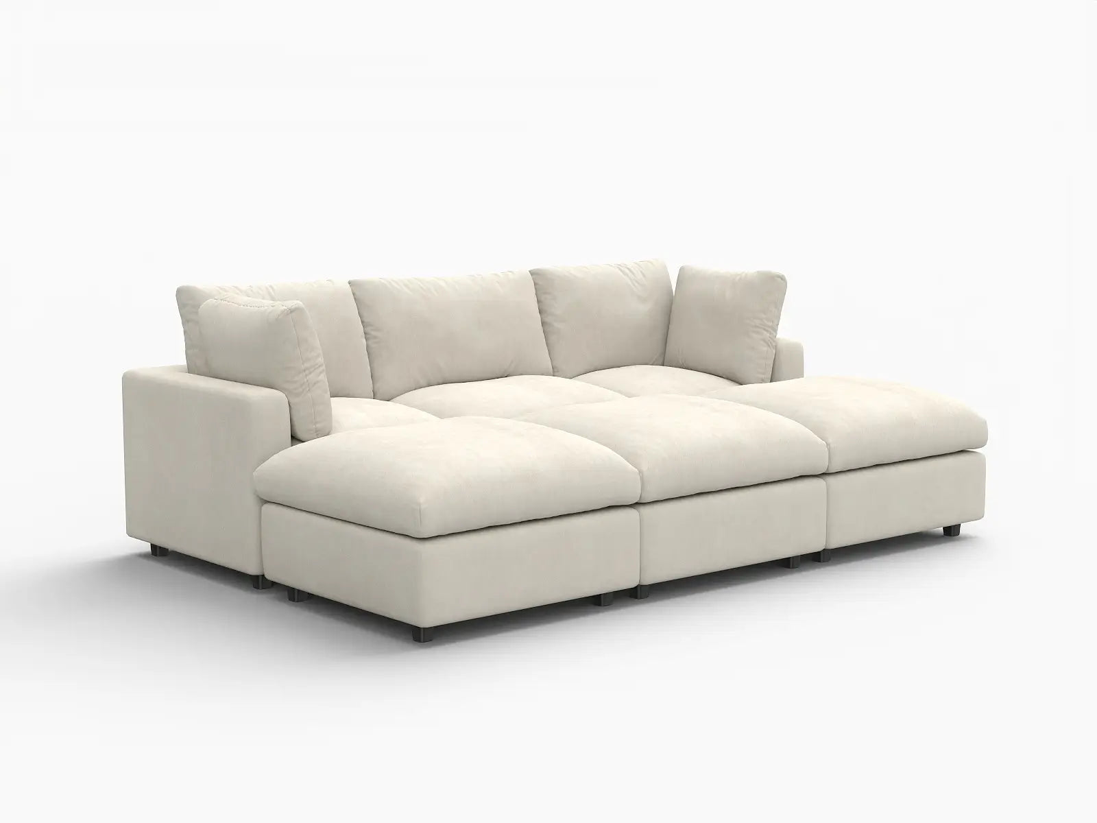 Seccional en L para espacio grande Deluxe Cloud de 3 plazas, beige | 6 piezas (incluye 3 pufs), tela de chenilla mezcla de lino, fácil de limpiar