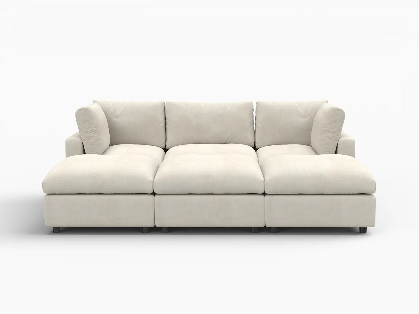 Seccional en L para espacio grande Deluxe Cloud de 3 plazas, beige | 6 piezas (incluye 3 pufs), tela de chenilla mezcla de lino, fácil de limpiar