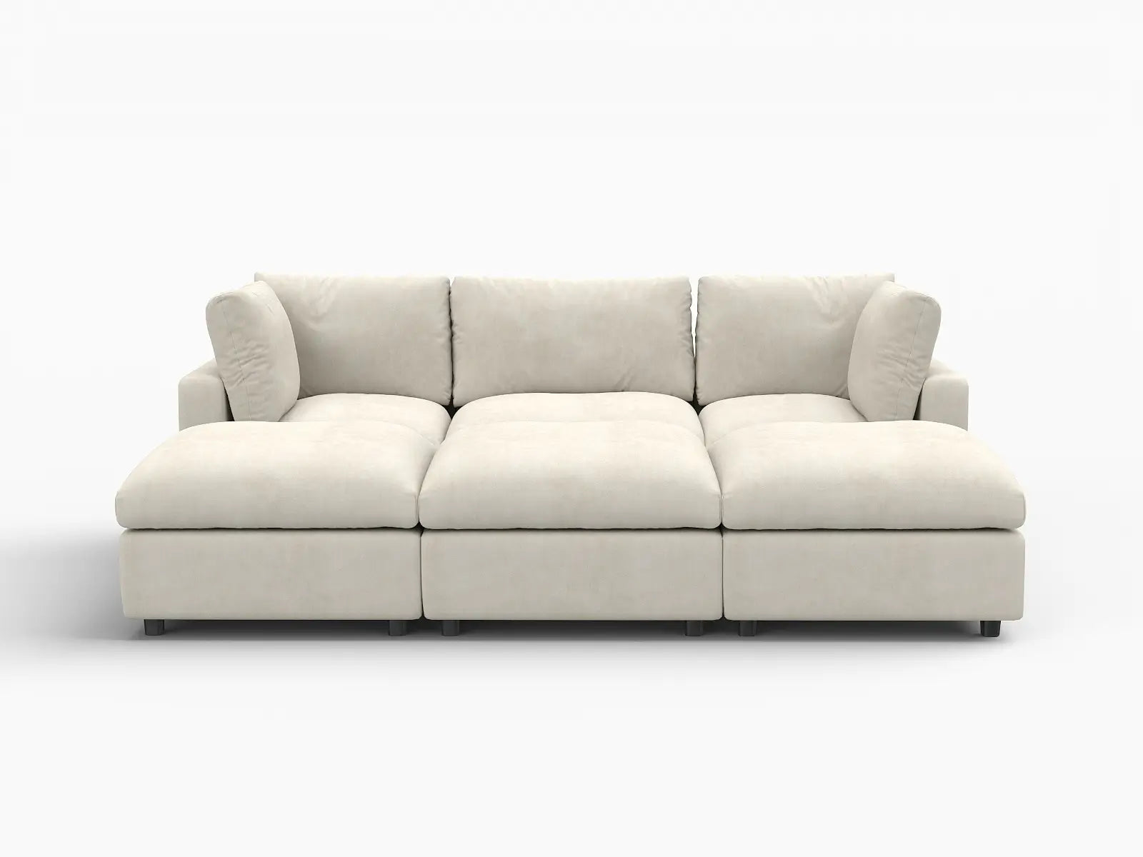 Seccional en L para espacio grande Deluxe Cloud de 3 plazas, beige | 6 piezas (incluye 3 pufs), tela de chenilla mezcla de lino, fácil de limpiar