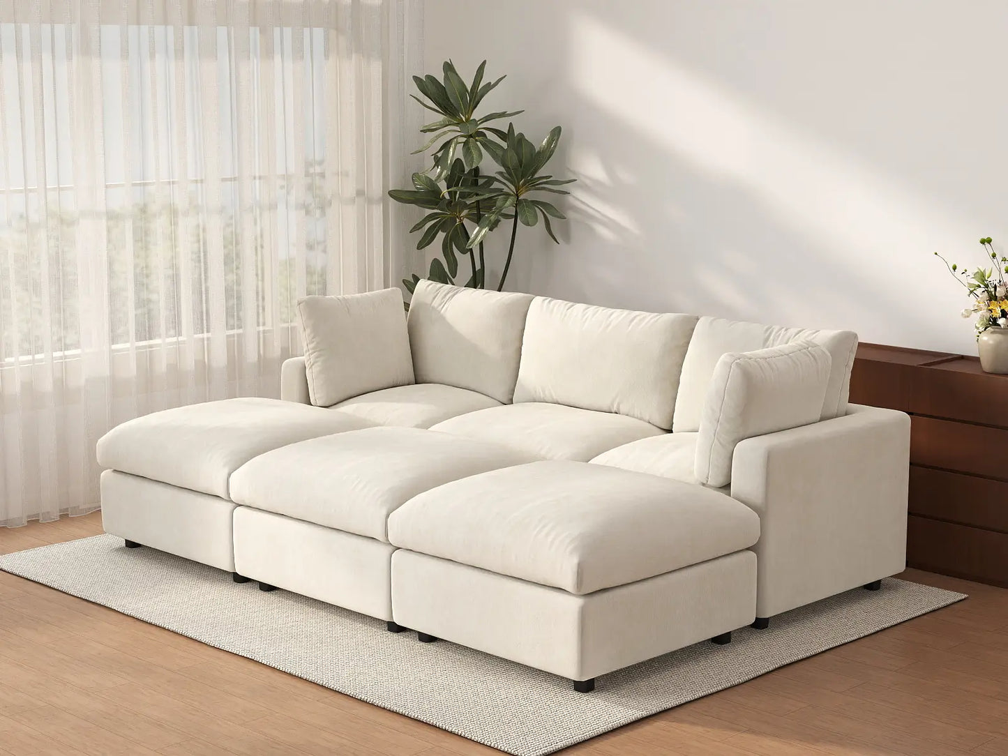 Seccional en L para espacio grande Deluxe Cloud de 3 plazas, beige | 6 piezas (incluye 3 pufs), tela de chenilla mezcla de lino, fácil de limpiar