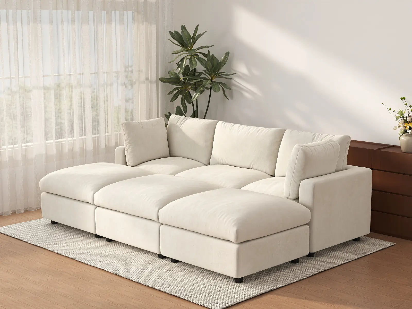Seccional en L para espacio grande Deluxe Cloud de 3 plazas, beige | 6 piezas (incluye 3 pufs), tela de chenilla mezcla de lino, fácil de limpiar