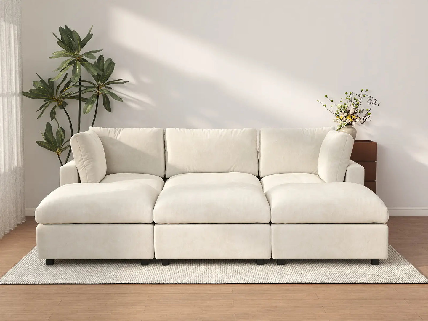 Seccional en L para espacio grande Deluxe Cloud de 3 plazas, beige | 6 piezas (incluye 3 pufs), tela de chenilla mezcla de lino, fácil de limpiar