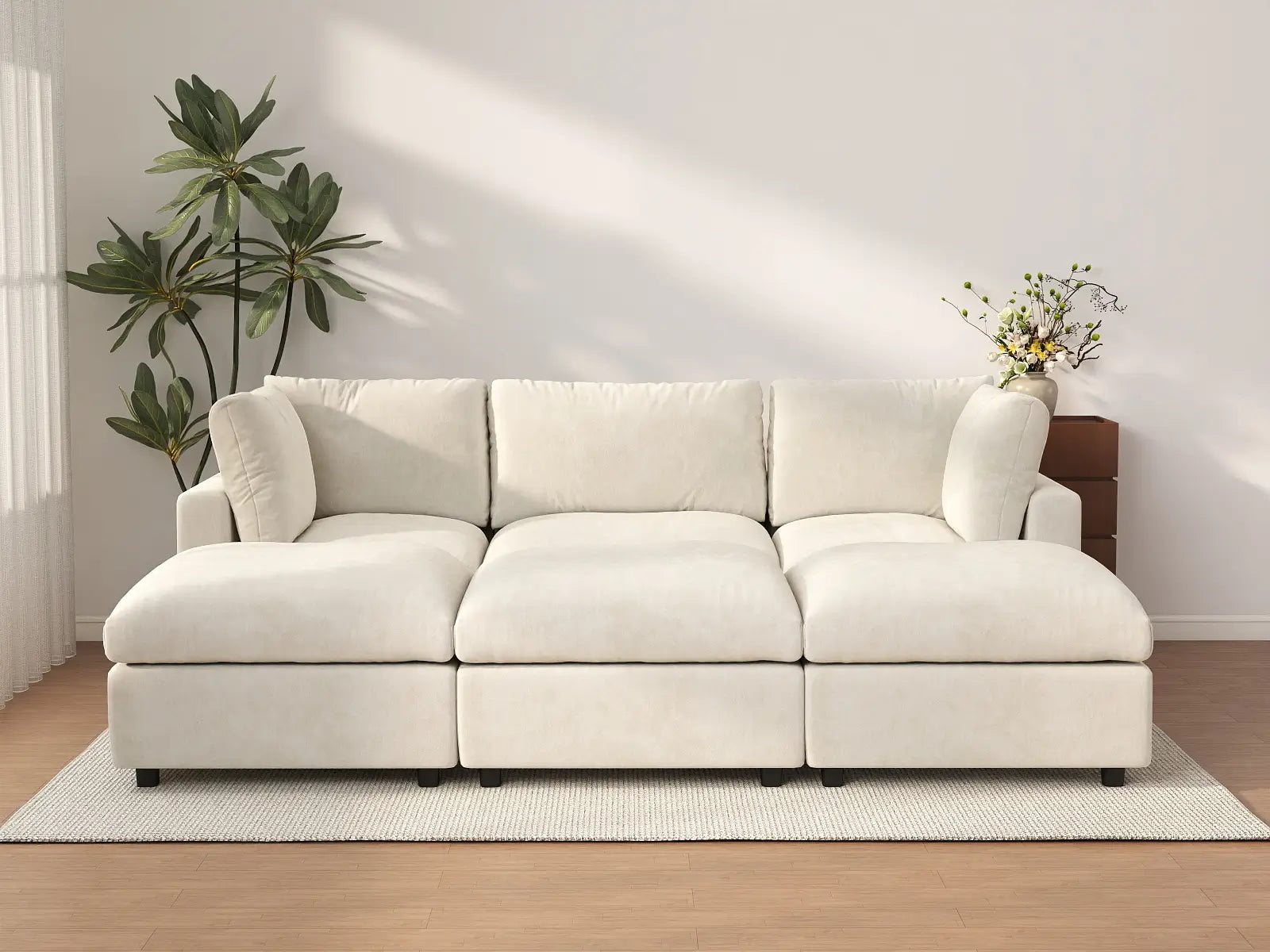 Seccional en L para espacio grande Deluxe Cloud de 3 plazas, beige | 6 piezas (incluye 3 pufs), tela de chenilla mezcla de lino, fácil de limpiar