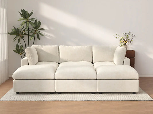 Seccional en L para espacio grande Deluxe Cloud de 3 plazas, beige | 6 piezas (incluye 3 pufs), tela de chenilla mezcla de lino, fácil de limpiar