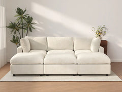Seccional en L para espacio grande Deluxe Cloud de 3 plazas, beige | 6 piezas (incluye 3 pufs), tela de chenilla mezcla de lino, fácil de limpiar