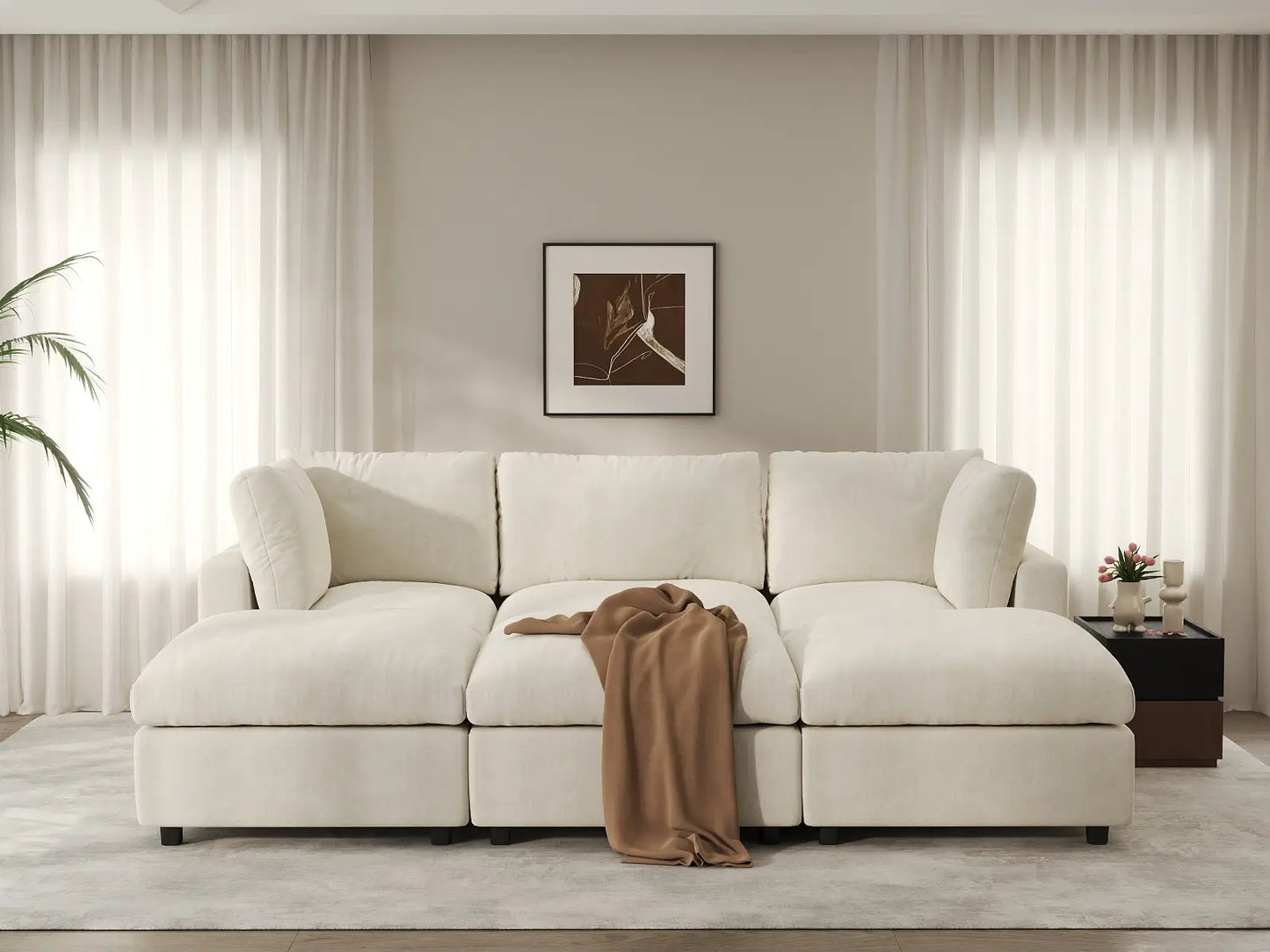 Seccional en L para espacio grande Deluxe Cloud de 3 plazas, beige | 6 piezas (incluye 3 pufs), tela de chenilla mezcla de lino, fácil de limpiar